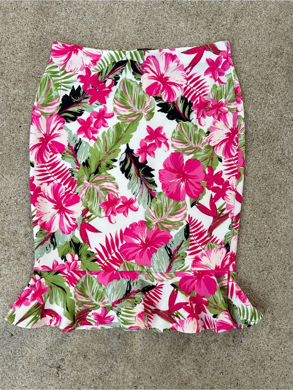 Pink Tropical Floral Pencil Skirt with Ruffle Hem